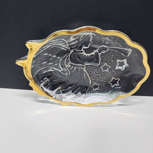 Vintage Mikasa Candy Nut Dish Christmas Trumpet Angel Glass Gold Trim - Picture 1 of 4